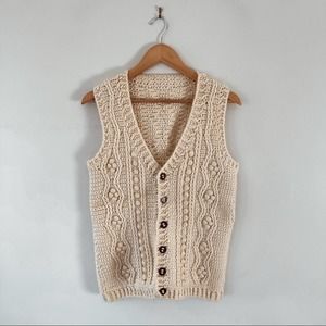 VINTAGE | Cream Hand Knit Chunky Button Down Sleeveless Sweater Sz L
